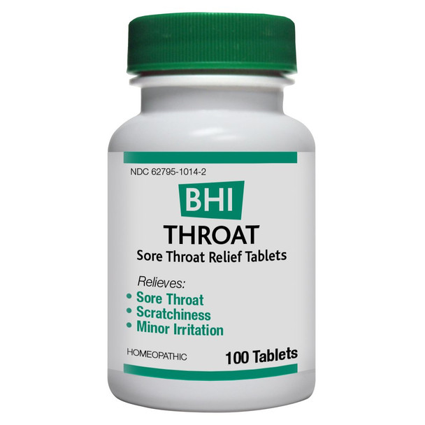BHI Throat Sore Throat Relief , Safe Homeopathic Relief - 100 Tablets