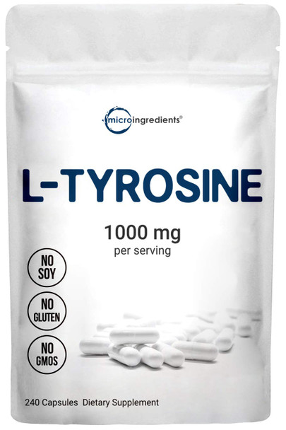 Micro Ingredients Plant Based L Tyrosine Pills, 1000mg , 240 Capsules, Premium Tyrosine Pre Workout Supplement, Supports Mental Alertness Neuromitter, Non-GMO and Easy to Swallow