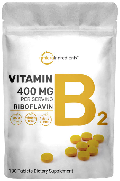 Micro Ingredients Riboflavin Vitamin B2, 400mg , 180 Mini Tablets, Premium Vitamin B2 400mg Riboflavin Supplements, Easy to Swallow, Non-GMO