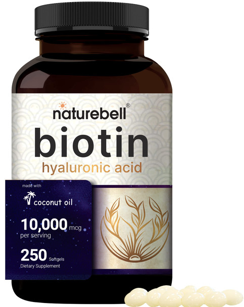NatureBell Biotin 10000mcg + Hyaluronic  25mg | 250 Coconut Oil Softgels, Premium Biotin Vitamins for Hair Skin and Nails, Highly Purified and Bioavailable, Quick Release