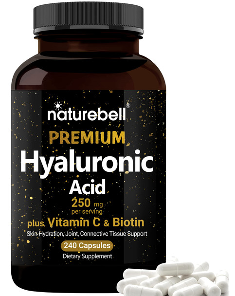 NatureBell Hyaluronic  Supplements 250mg | 240 Capsules, with Biotin 5000mcg & Vitamin C 25mg, 3 in 1 Support - Skin Hydration, Joint Lubrication, Hair and Eye Health