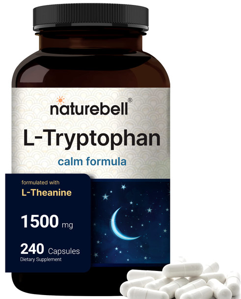 NatureBell L Tryptophan 1500mg with L Theanine 200mg, 240 Capsules | Active Free Form, Plant Based Supplement  Calm Formula, Supports Relaxation  Non-GMO & No Gluten