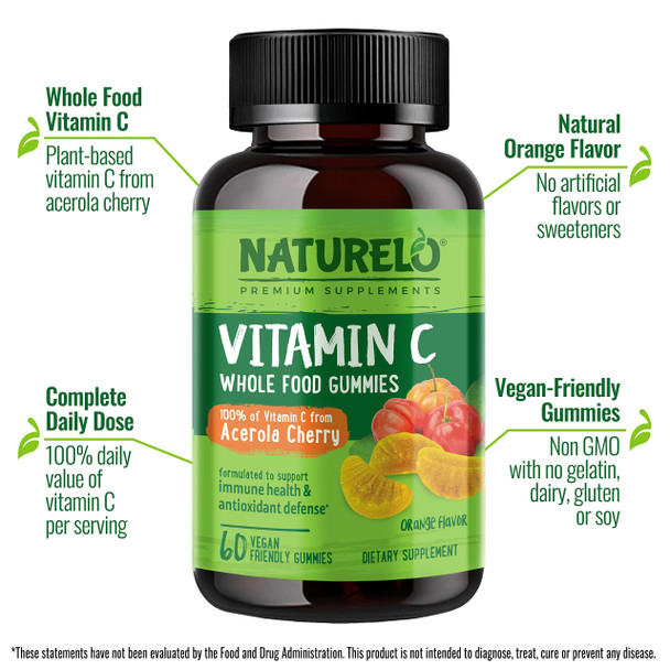 NATURELO  Food Vitamin C Gummies, Vitamin C from Acerola Cherry, Plant-Based Supplement, 60 Vegan-Friendly Gummies
