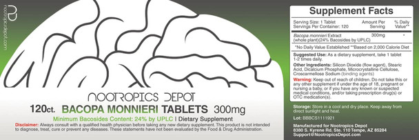 Bacopa monnieri Extract Tablets | 120 Count | Minimum 24% Bacosides | May Help Support Cognitive Function | May Help Support  Management