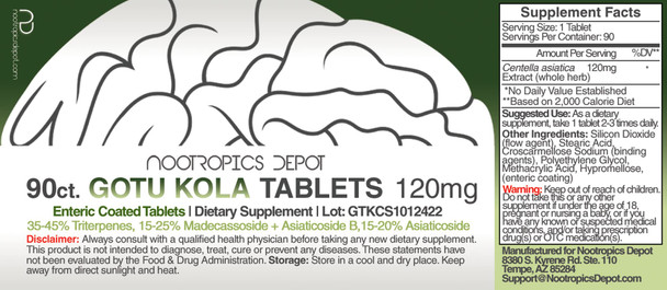 Gotu Kola Extract Tablets | 120mg | 90 Count | Enteric Coated | Centella asiatica | 35-45% Triterpenes | Supports Healthy  Levels | Promotes Memory Enhancement