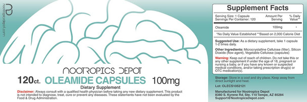 Nootropics Depot Oleamide Capsules | 100mg | 120 Count | Sleep Support Supplement | Supports Healthy  Levels + Promotes Relaxation