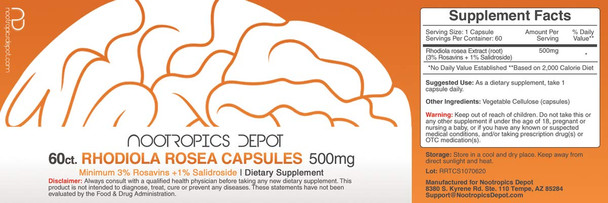 Nootropics Depot Rhodiola Rosea Capsules | 500mg | 3% Rosavins | 60 Count | Adaptogen Herb | Ayurvedic Supplement | Supports Healthy  Levels* | Promotes Brain Health*