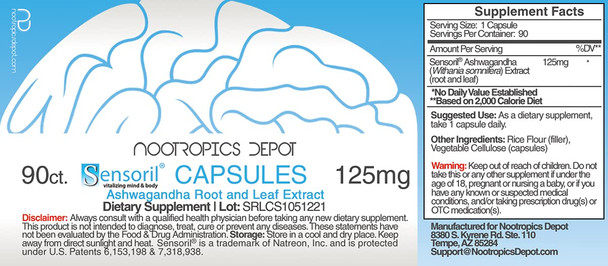 Nootropics Depot Sensoril Ashwagan Capsules | 125mg | 90 Count | Ayurvedic Herb | Standardized Withania somnifera Extract