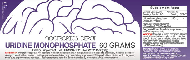 Uridine Monophosphate Powder | 60 Grams | Di Salt | Supports Healthy Cognitive Function + Enhances Memory | Supports Healthy Mitochondrial Function