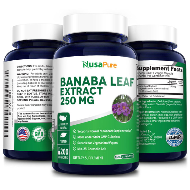 Banaba Leaf Extract 250mg 200 Vegetarian Caps (Non-GMO & ) 2% Corosolic