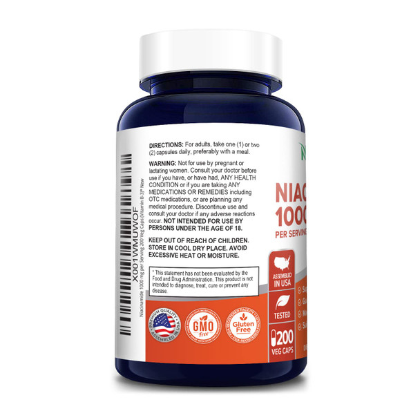 Niacinamide 1000mg 200 Veggie Capsules (Non-GMO & ) Flush Free