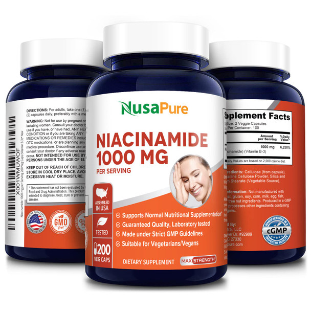 Niacinamide 1000mg 200 Veggie Capsules (Non-GMO & ) Flush Free