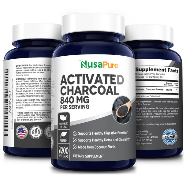 NusaPure Activated Charcoal 840 mg- 200 Veggie Capsules (Vegan, Non-GMO & Gluten-Free)
