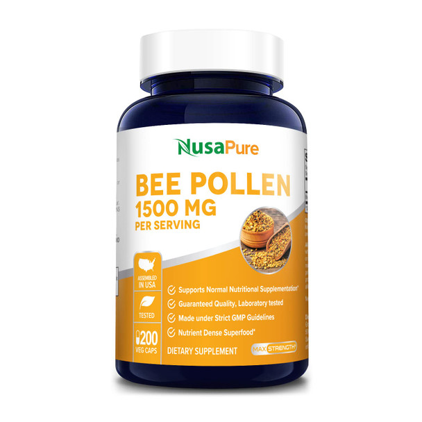 NusaPure Bee Pollen 1500mg 200 Veggie Caps (100% Vegetarian, Non-GMO & ) ly Occurring Proteins and Aminos*