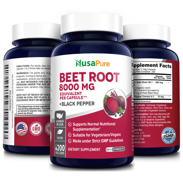 NusaPure Beet Root 8,000mg Equivalent per caps (Vegan, Non-GMO, Extract 20:1 & Gluten-Free) with Black . 200 Veggie caps