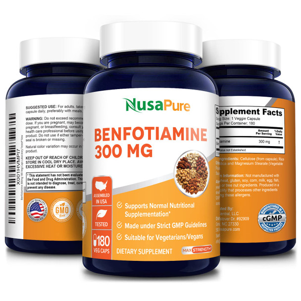 NusaPure Benfotiamine 300mg 180 Veggie Caps (Non-GMO,Vegan & Gluten-Free)