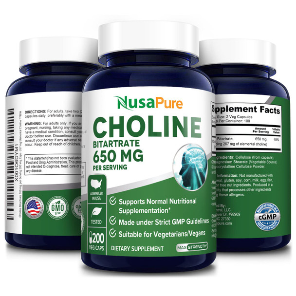 NusaPure Choline Bitartrate 650 mg.200 Veggie Capsules (Vegetarian, Non-GMO & Gluten-Free)