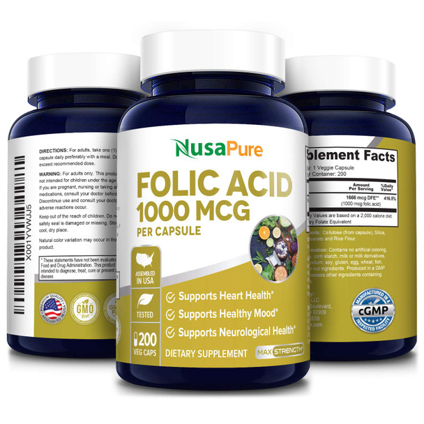 NusaPure Folic  1000mcg 200 Veggie Caps (Non-GMO, Vegetarian & )