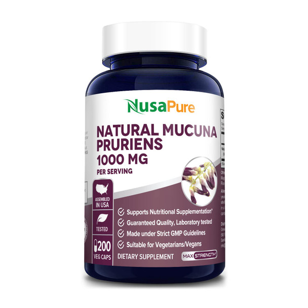 NusaPure Mucuna Pruriens 1000mg 200 Veggie Caps (Non-GMO, 100% Vegetarian & )