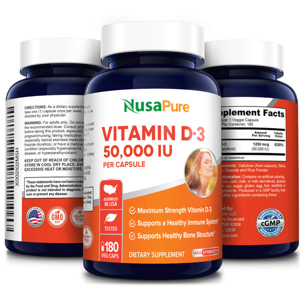 NusaPure Vitamin D3 50,000 IU 180 Veggie Capsules (Non-GMO & Gluten-Free)