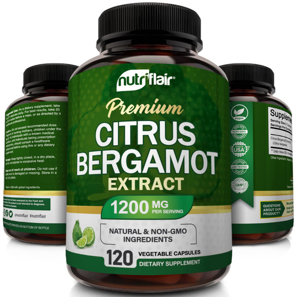 NutriFlair Citrus Bergamot 1200mg, 120 Capsules - 25:1 Citrus Bergamia - Essential Oil and Citrus Bioflavonoids Supplements - , Non-GMO Pills