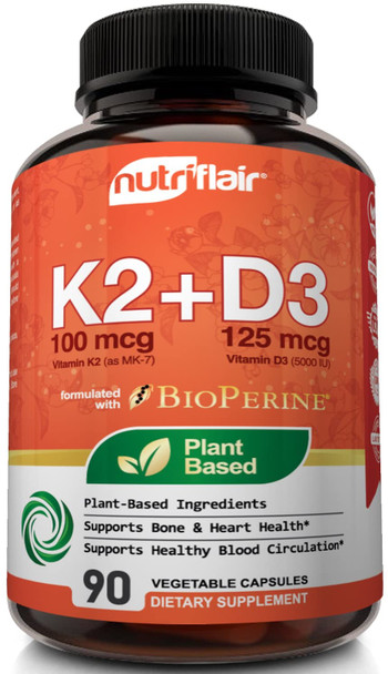 NutriFlair Vitamins D3 (5000iu/125mcg) + K2 (as Mk7) - Made with Plant-Based Ingredients Plus BioPerine Black  Extract, 90 Capsules - Supports Healthy Immune, Heart and Health - Non-GMO Pills