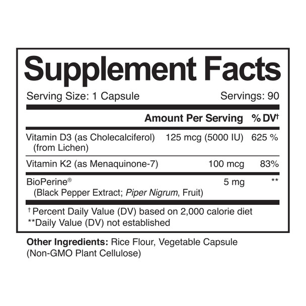 NutriFlair Vitamins D3 (5000iu/125mcg) + K2 (as Mk7) - Made with Plant-Based Ingredients Plus BioPerine Black  Extract, 90 Capsules - Supports Healthy Immune, Heart and Health - Non-GMO Pills