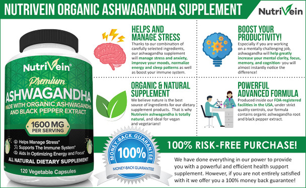 Nutrivein Organic Ashwagan Capsules 1600mg with Black  Extract - 120 Vegan Pills - 100% Pure Root Powder Supplement - Supports  Relief, Immune, Energy, Stamina & Mood