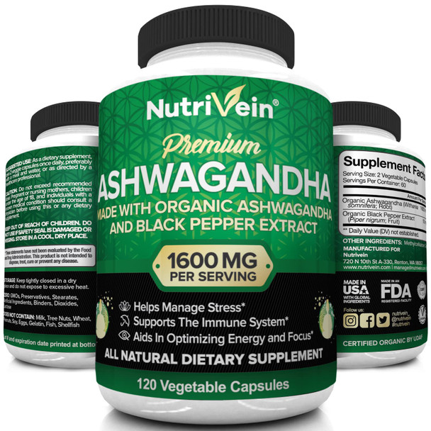 Nutrivein Organic Ashwagan Capsules 1600mg with Black  Extract - 120 Vegan Pills - 100% Pure Root Powder Supplement - Supports  Relief, Immune, Energy, Stamina & Mood