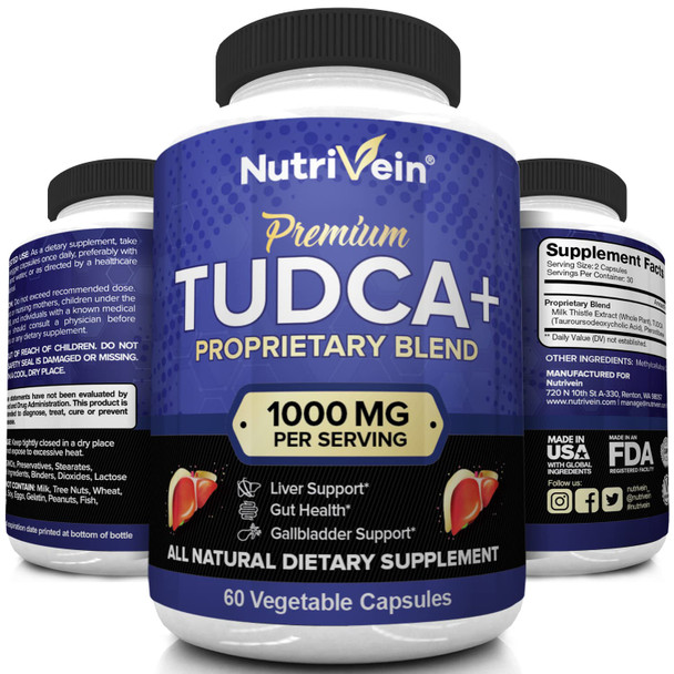 Nutrivein TUDCA+ Liver Support Supplement 1000mg - Liver Detox and Cleanse for Liver Health - 30 Day Supply (60 Capsules, Two Daily)