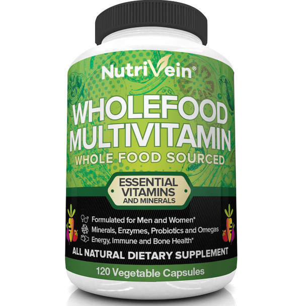 Nutrivein  Food Multivitamin - Complete Daily Vitamins for Men and Women from   Foods, Real Raw Veggies, s, Vitamin E, A, B Complex - 30 Day Supply (120 Capsules, Four Daily)