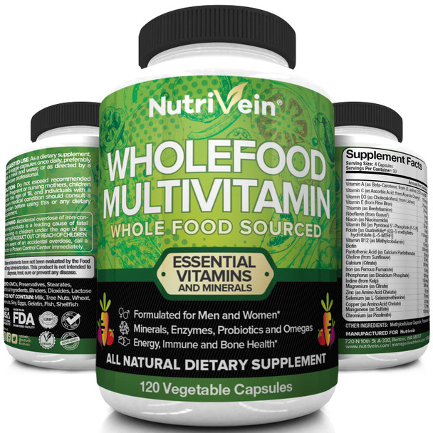 Nutrivein  Food Multivitamin - Complete Daily Vitamins for Men and Women from   Foods, Real Raw Veggies, s, Vitamin E, A, B Complex - 30 Day Supply (120 Capsules, Four Daily)