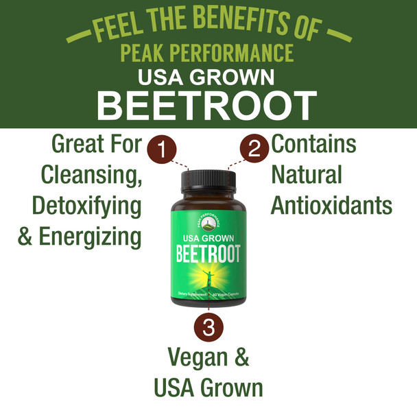 Peak Performance Beet Root Vegan Capsules. USA Grown Beets Juice Powder Super Food Pills 1200 mg. Nitric Oxide Energy Boosting Beetroot Polyphenol Support Supplement