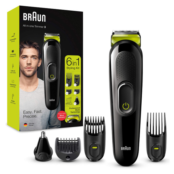 Braun 6-in-1 All-in-one Trimmer 3 MGK3221, Hair Clipper and Beard Trimmer with Lifetime Sharp Blades, Ear & Nose Trimmer Head, 5 Attachments, Black/Volt Green, UK 2 Pin Bathroom Plug