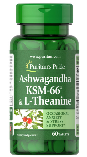 Puritans Pride Ashwangan KSM66 & L-Theanine, Helps Relieve occassional  and Anxiety, 60 Count, White