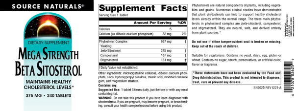 Source s Mega Strength Beta Sitosterol, Plant Sourced, 375mg - 240 Tablets