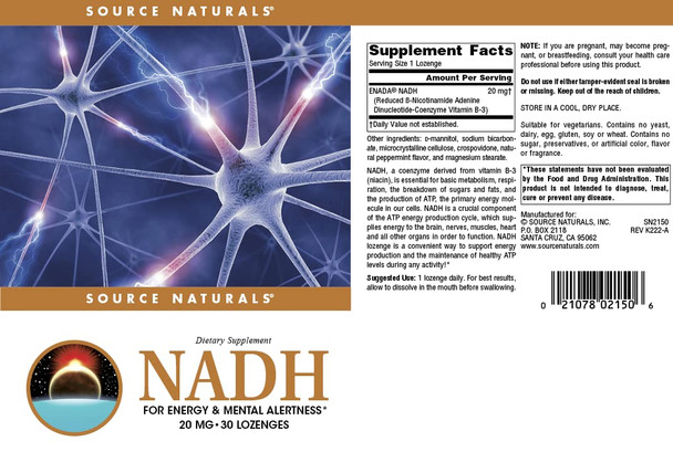 Source s NADH 20mg, Boost Energy and Mental Alertness - 30 Lozenges