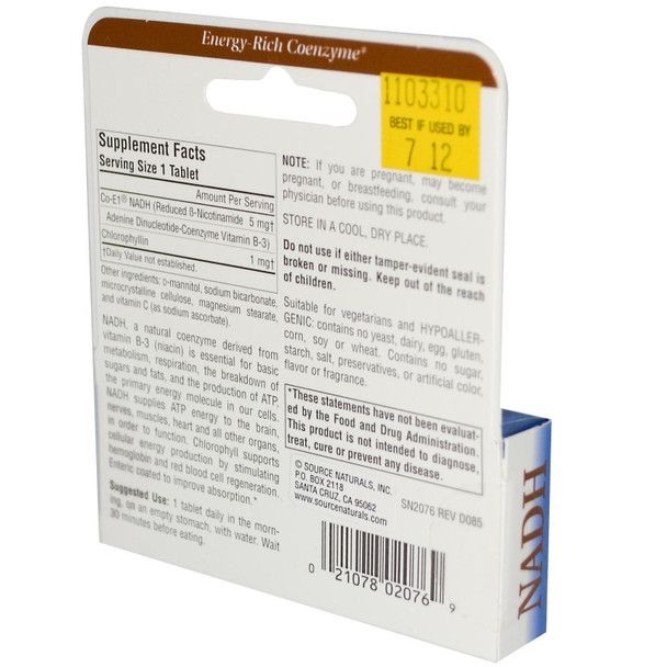 Source s NADH  B3 - Energy & Mental Alertness - 5 MG (30 Tablets)
