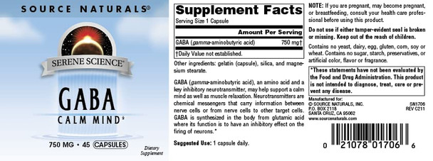 Source s Serene Science GABA, for a Calm Mind, 750mg - 45 Capsules