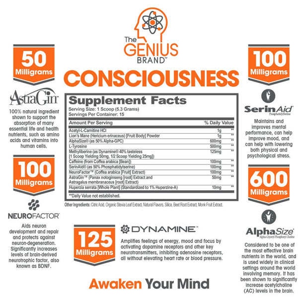 Genius Consciousness, Super Nootropic Brain Supplement Powder, Mango - Boost Focus, Cognitive Function, Concentration & Memory Booster - Alpha GPC & Lions Mane Mushroom for Neuro Energy & IQ