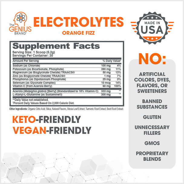 Genius Electrolytes Powder Drink Mix, Orange Fizz, 30 Servings -  Hydration Booster & Endurance Supplement with Potassium, Magnesium & Zinc -  Free & No  Sweeteners or Dyes