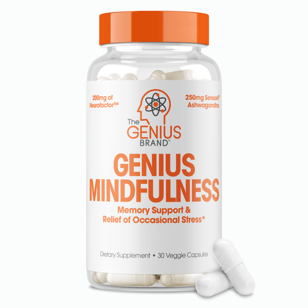 Genius Mindfulness Supplement, Nootropic Cognitive Brain Booster Enhances Memory, Focus & Energy -  Calming Supplement with Ashwagan, NeuroFactor, & Blueberry Extract - 30 Veggie Capsules