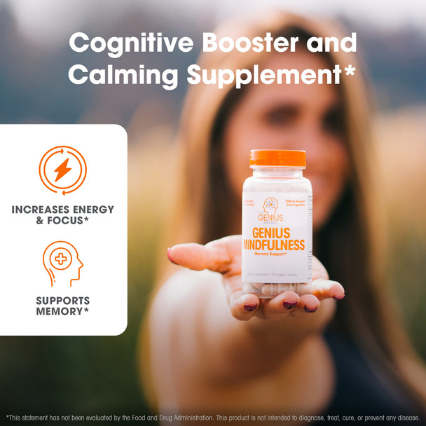 Genius Mindfulness Supplement, Nootropic Cognitive Brain Booster Enhances Memory, Focus & Energy -  Calming Supplement with Ashwagan, NeuroFactor, & Blueberry Extract - 30 Veggie Capsules