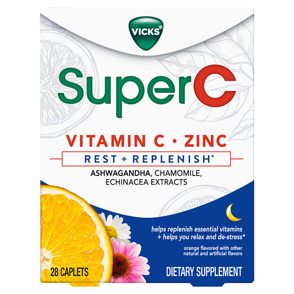 Super C Nighttime Daily Supplement to Rest and Replenish with Vitamin C, B Vitamins, and a Blend of Quality Herbal Extracts, Coated to be Easy to Swallow, from The Makers of Vicks, 28 ct