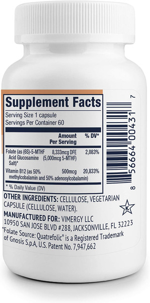 Vimergy 5-MTHF, 60 Servings  Highly Absorbable Capsules  Supports Brain Health & Cognitive Function  Healthy Mood Support Supplement* - Non-GMO, Gluten-Free, Vegan & Paleo Friendly (60 Count)