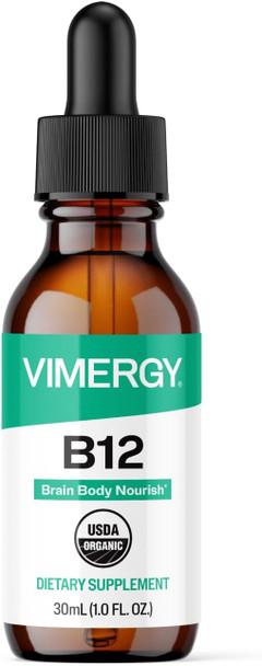 Vimergy USDA Organic Liquid Vitamin B12 Supplement 2500 mcg Methylcobalamin and Adenosylcobalamin Energy Support, Vegan Non GMO B12 Vitamins for Women and Men 30 Serving 30 mL