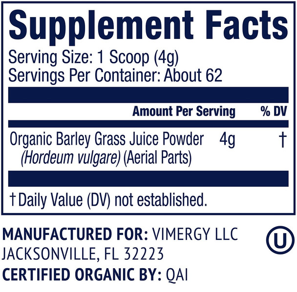 Vimergy USDA Organic Barley Grass Juice Powder, 62 Servings  Super Greens Powder Contains Iron, Vitamin C, & Vitamin E  Non-GMO, Gluten-Free, Soy-Free, Vegan & Paleo  Daily Greens Booster (250g)