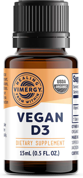Vimergy USDA Organic Vegan Vitamin D3 Extract, 96 Servings  Supports Strong Bones & Healthy Immune System  Alcohol Free Liquid Vitamin D3 Drops - Gluten-Free, Non-GMO, Kosher, Vegan & Paleo (15 ml)