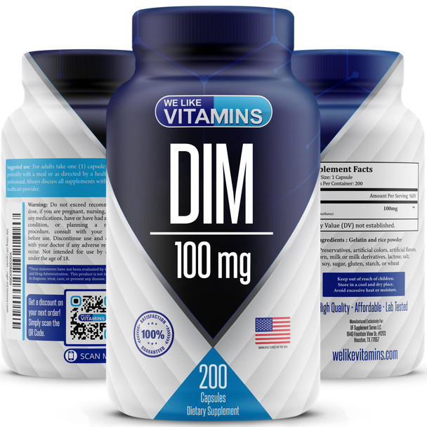 We Like Vitamins DIM 100mg 200 Capsules - 200 Day Supply - Diindolylmethane DIM Supplement for Support with Healthy Estrogen and Hormone Levels
