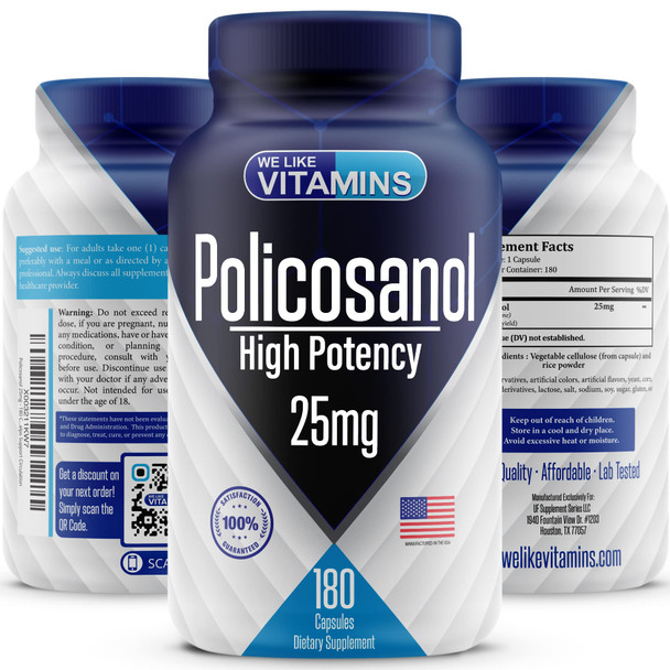 We Like Vitamins Policosanol 25mg - 180 Capsules - Policosanol Supplement Made from   Cane - Non-GMO and Gluten-Free